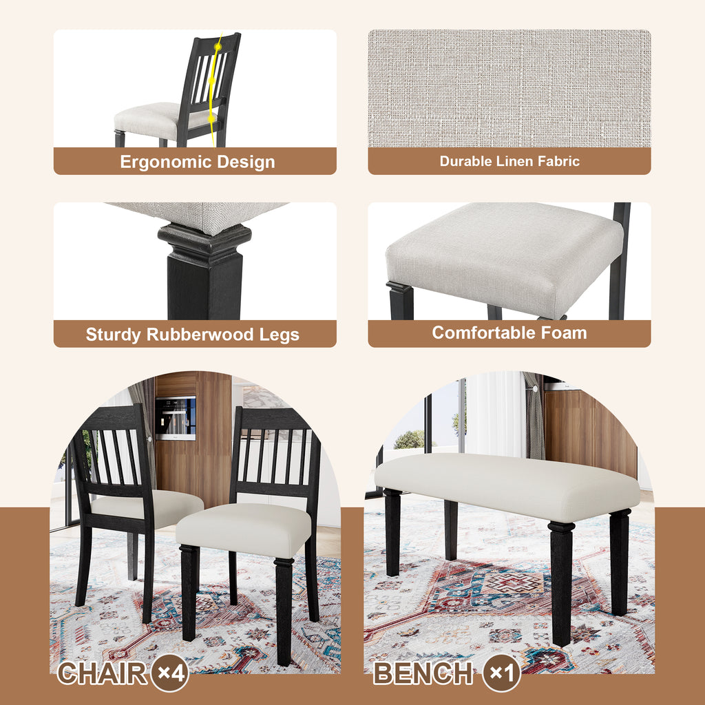 Details of retro dining chairs and bench showing ergonomic design, linen fabric, and rubberwood legs for comfort and long-lasting use.