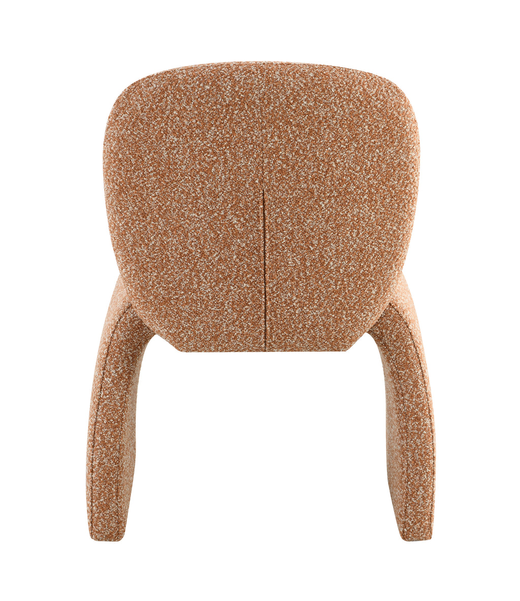 Back view of modern fabric accent chair with curved design and textured brown boucle upholstery. Part of a stylish chair set.