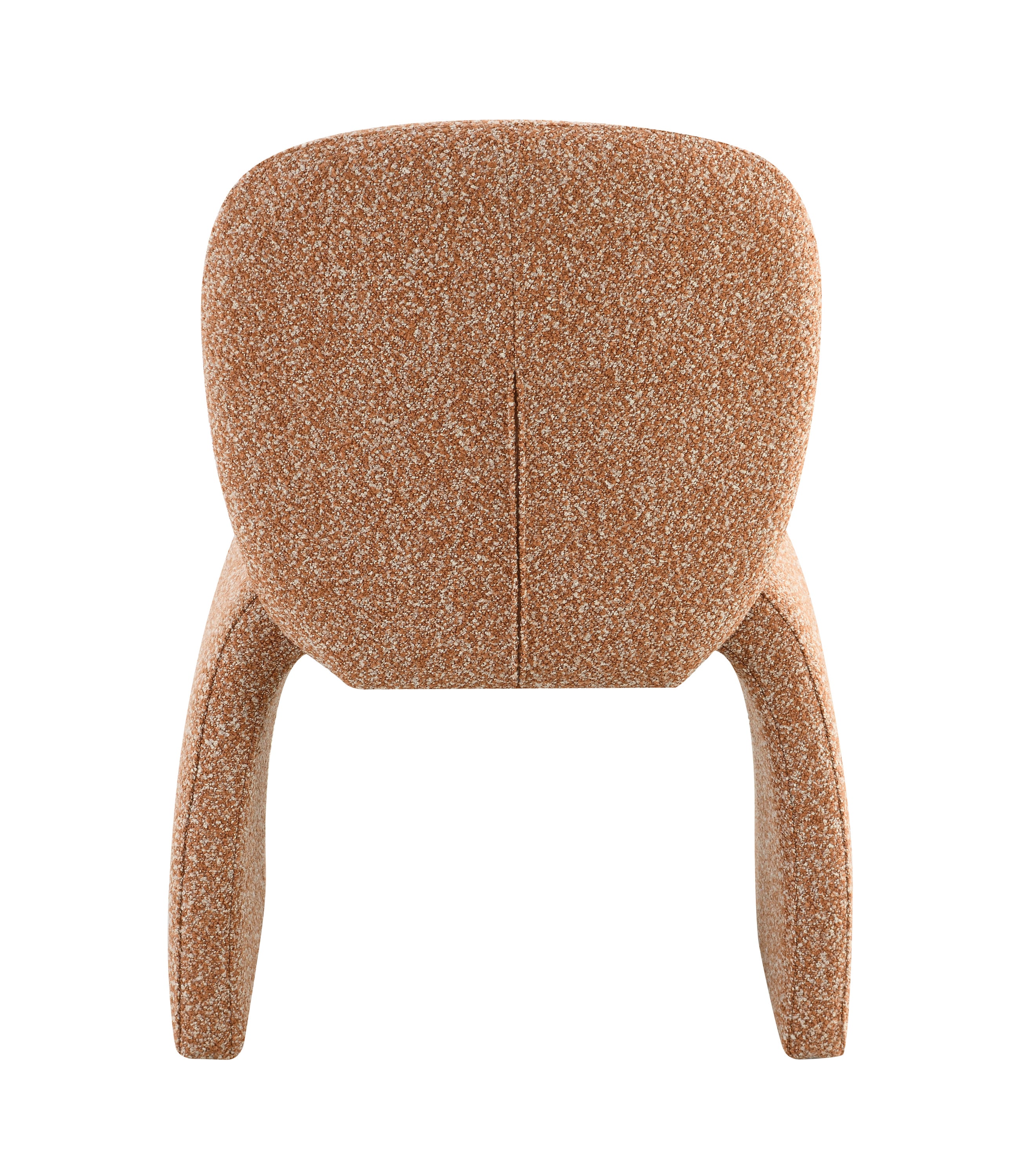 Back view of modern fabric accent chair with curved design and textured brown boucle upholstery. Part of a stylish chair set.