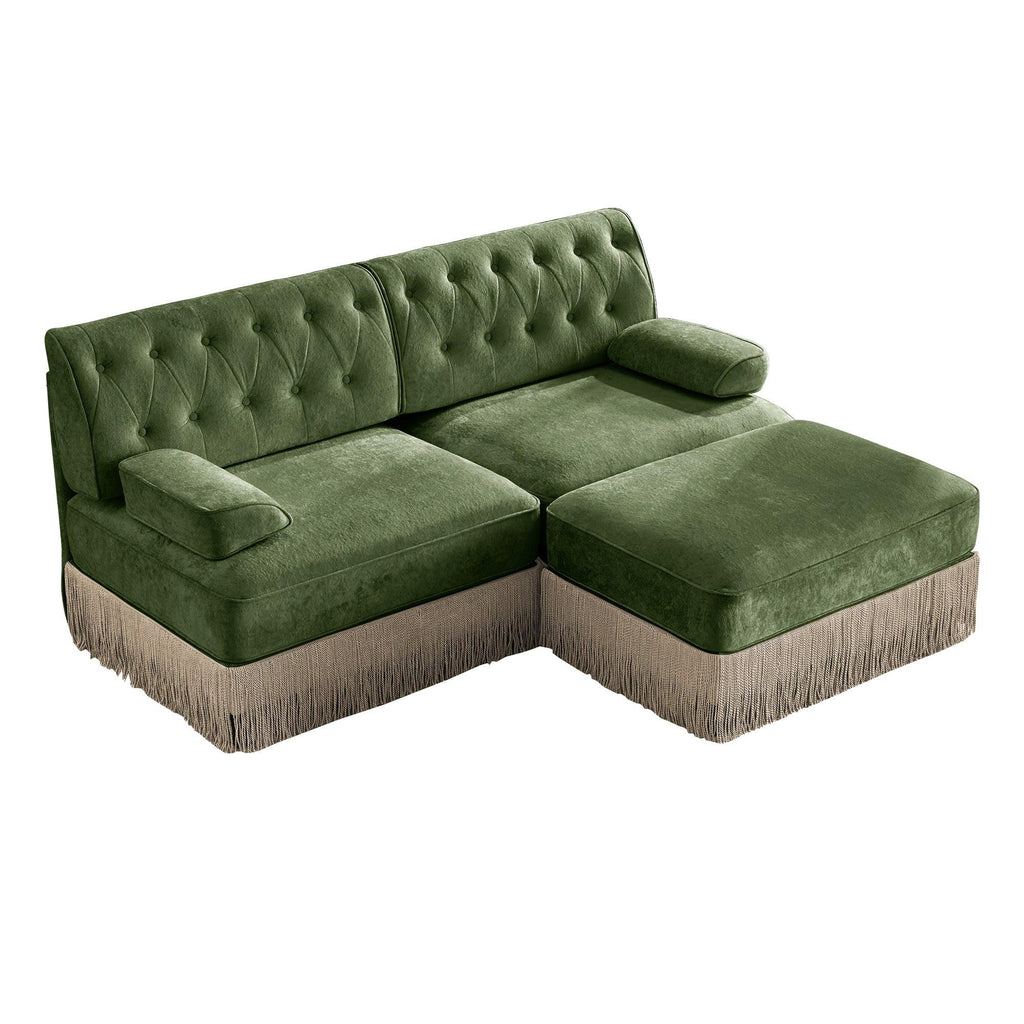 Modular Velvet Sofa in Green with Tassel Skirt.