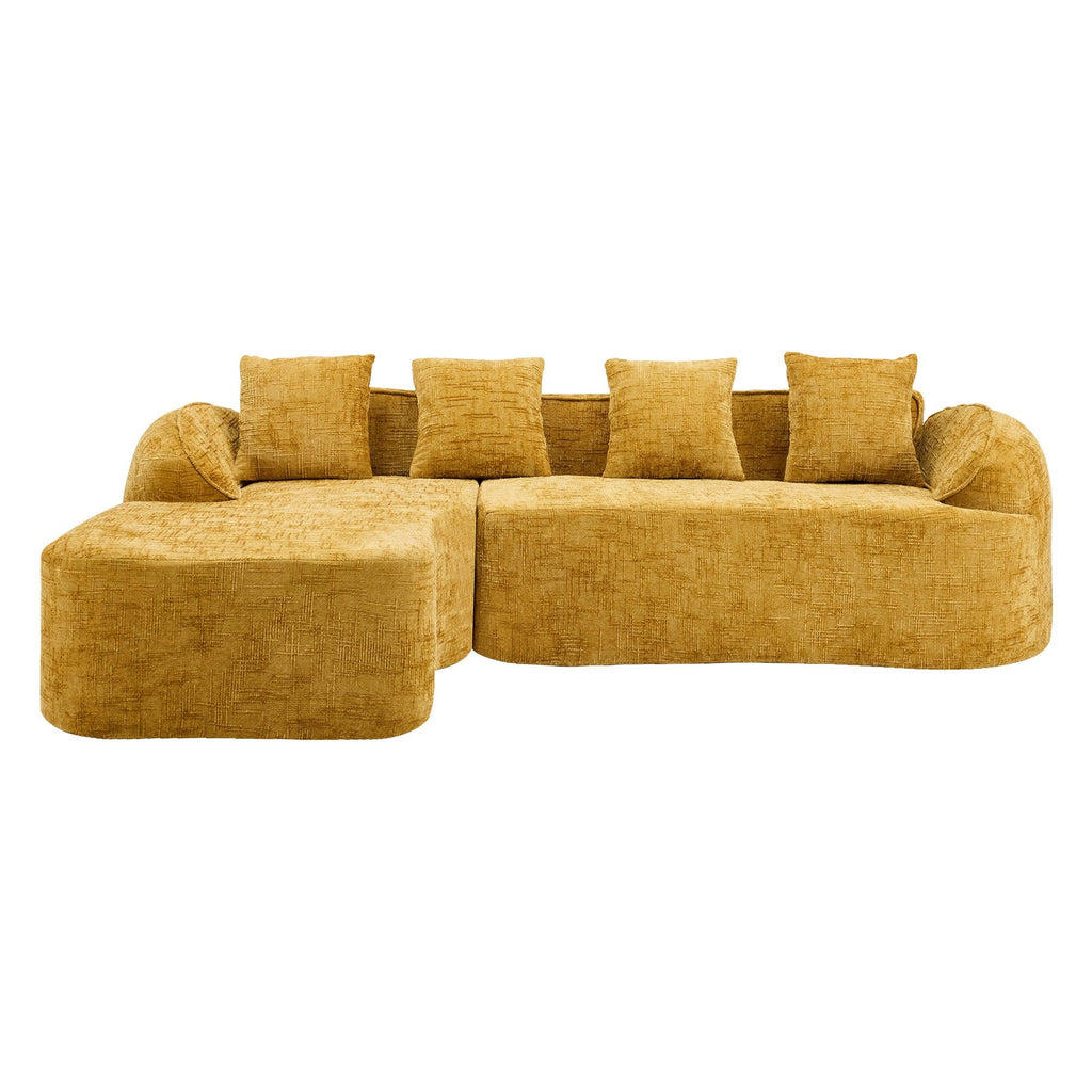 Front view of yellow chenille L-shaped sofa with five cushions, offering spacious seating for four and modern comfort living.