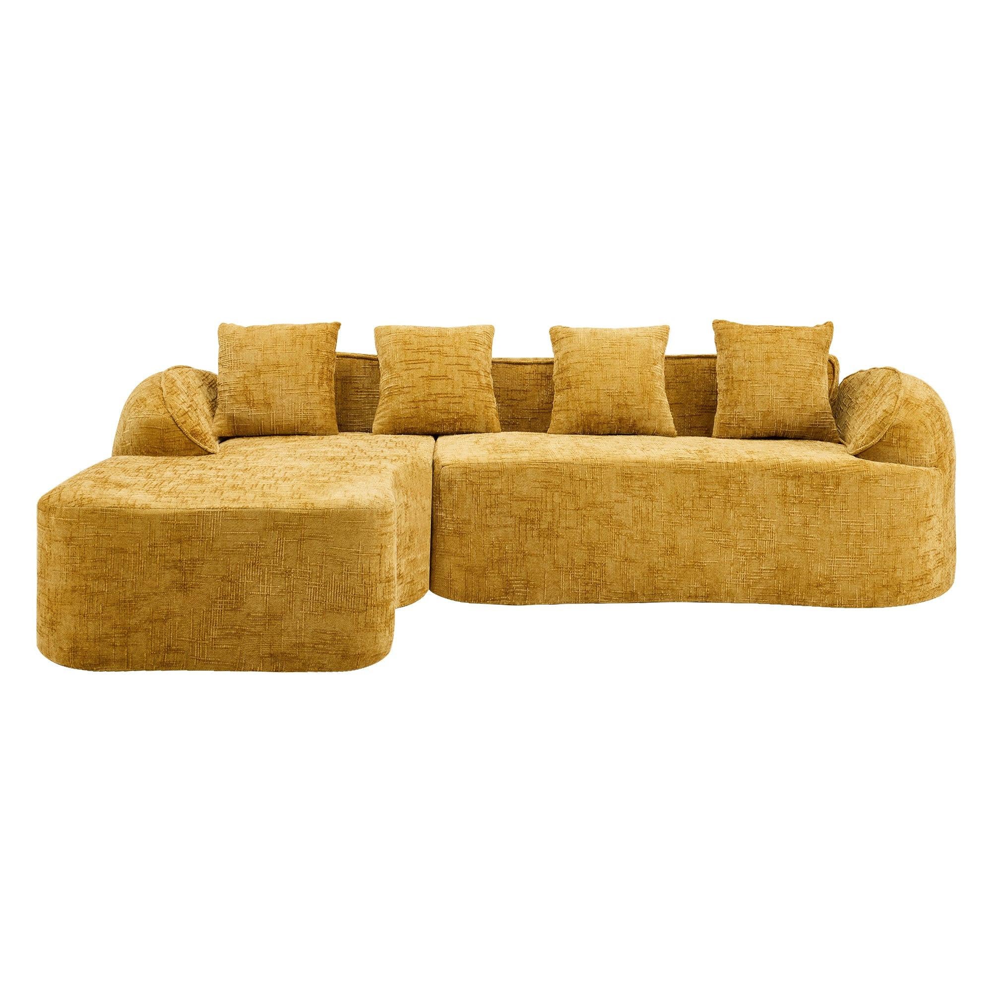Front view of yellow chenille L-shaped sofa with five cushions, offering spacious seating for four and modern comfort living.