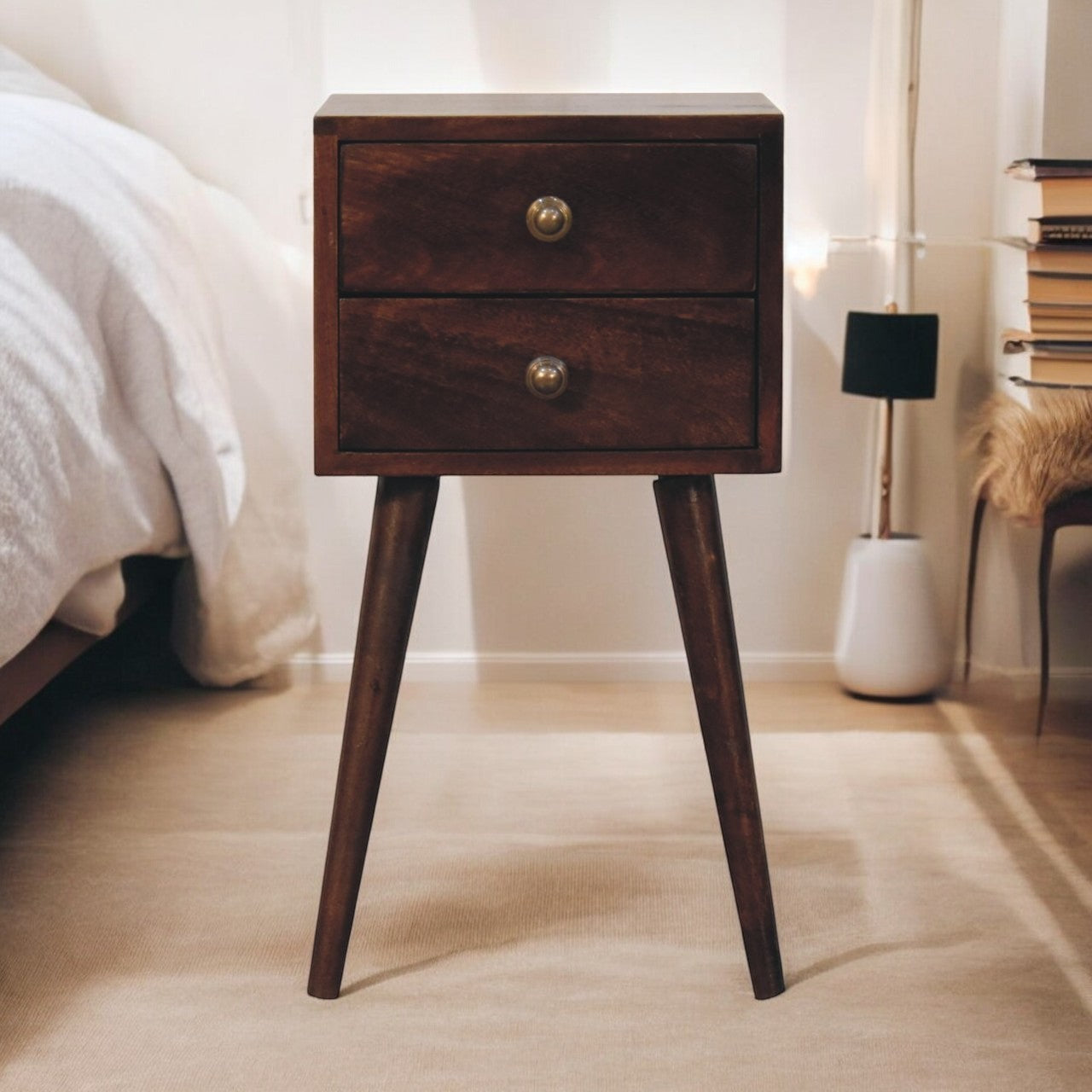 Solid Wood Mini California Walnut Bedside, 2-Drawers, Nordic Legs, Dark Brown