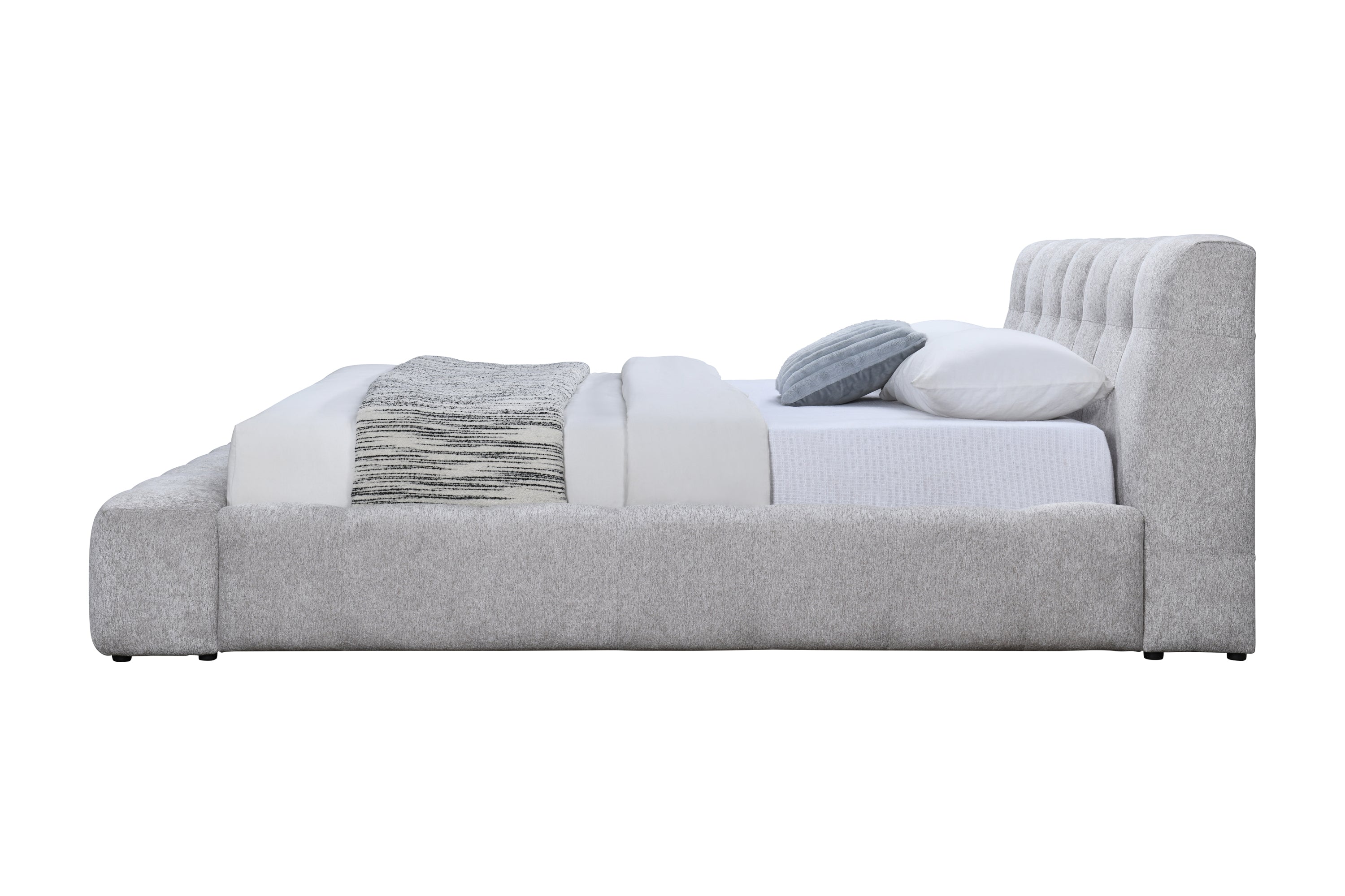 Side profile of Eastern King Chenille Bed in Hannah Gray, featuring soft chenille fabric and solid wood frame for lasting comfort.