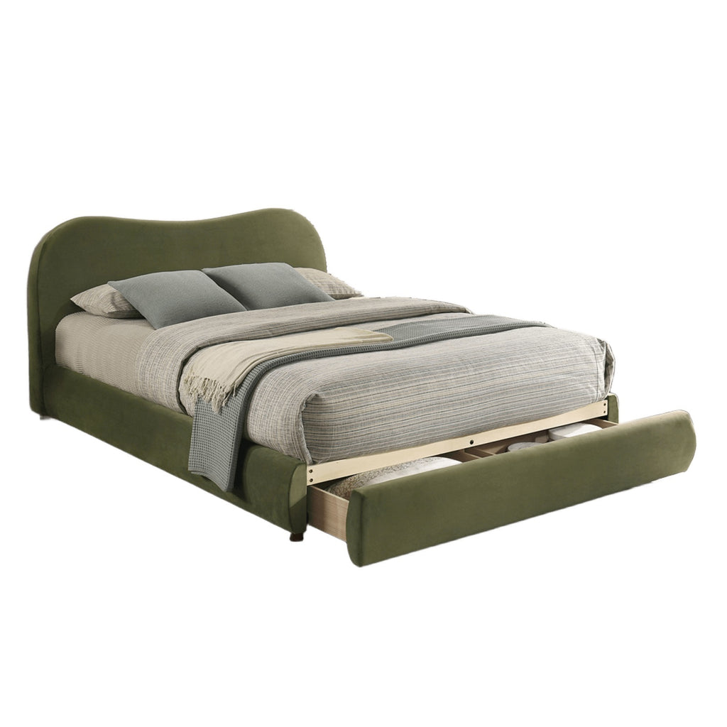 Side view of Olive Green Velvet Queen Bed with storage. Upholstered frame with pull-out drawer and elegant curved headboard.