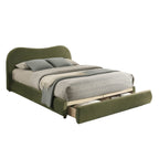 Side view of Olive Green Velvet Queen Bed with storage. Upholstered frame with pull-out drawer and elegant curved headboard.