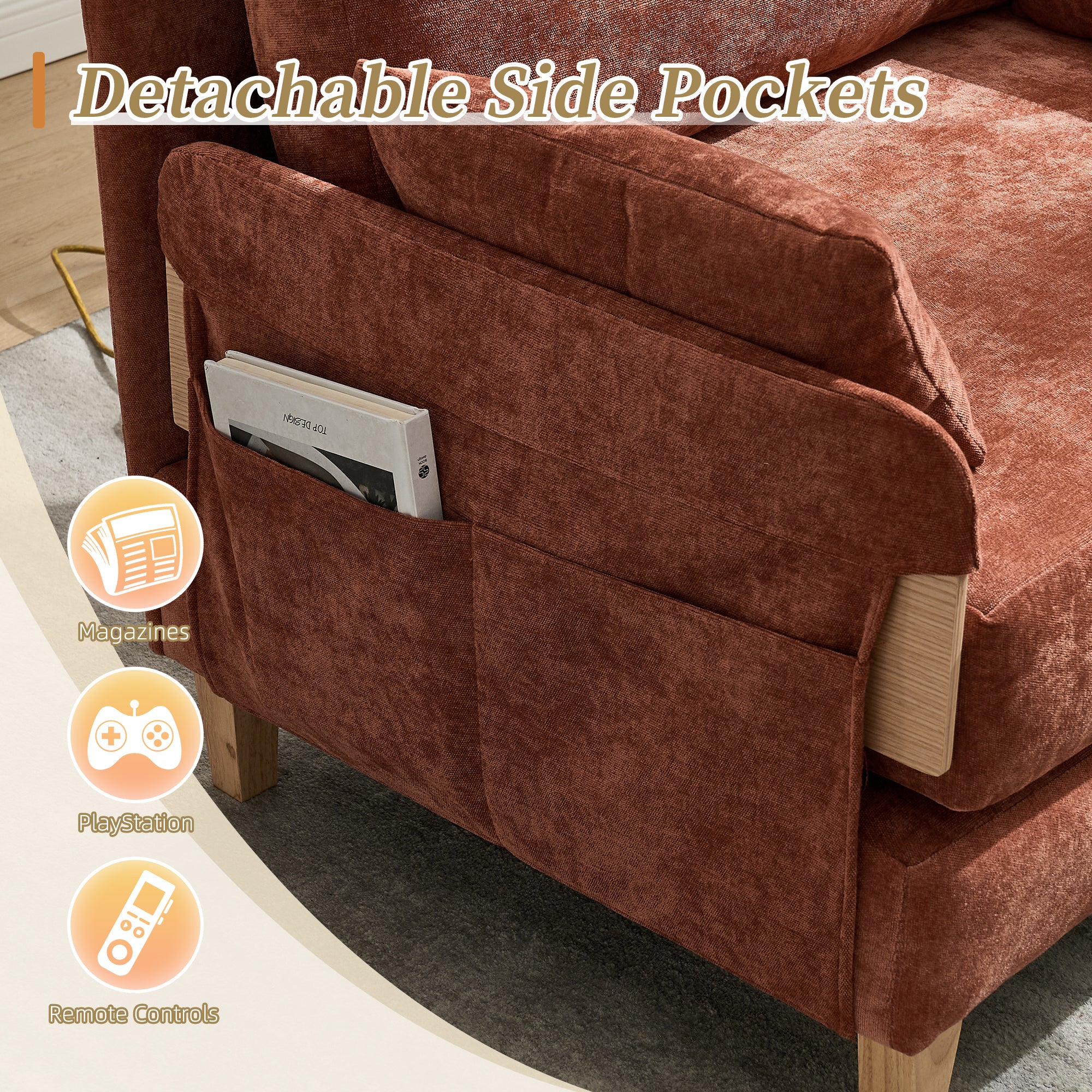 Close-up of detachable side pockets on the Convertible Sofa Bed Recliner, ideal for storing magazines, remotes, and gaming accessories.