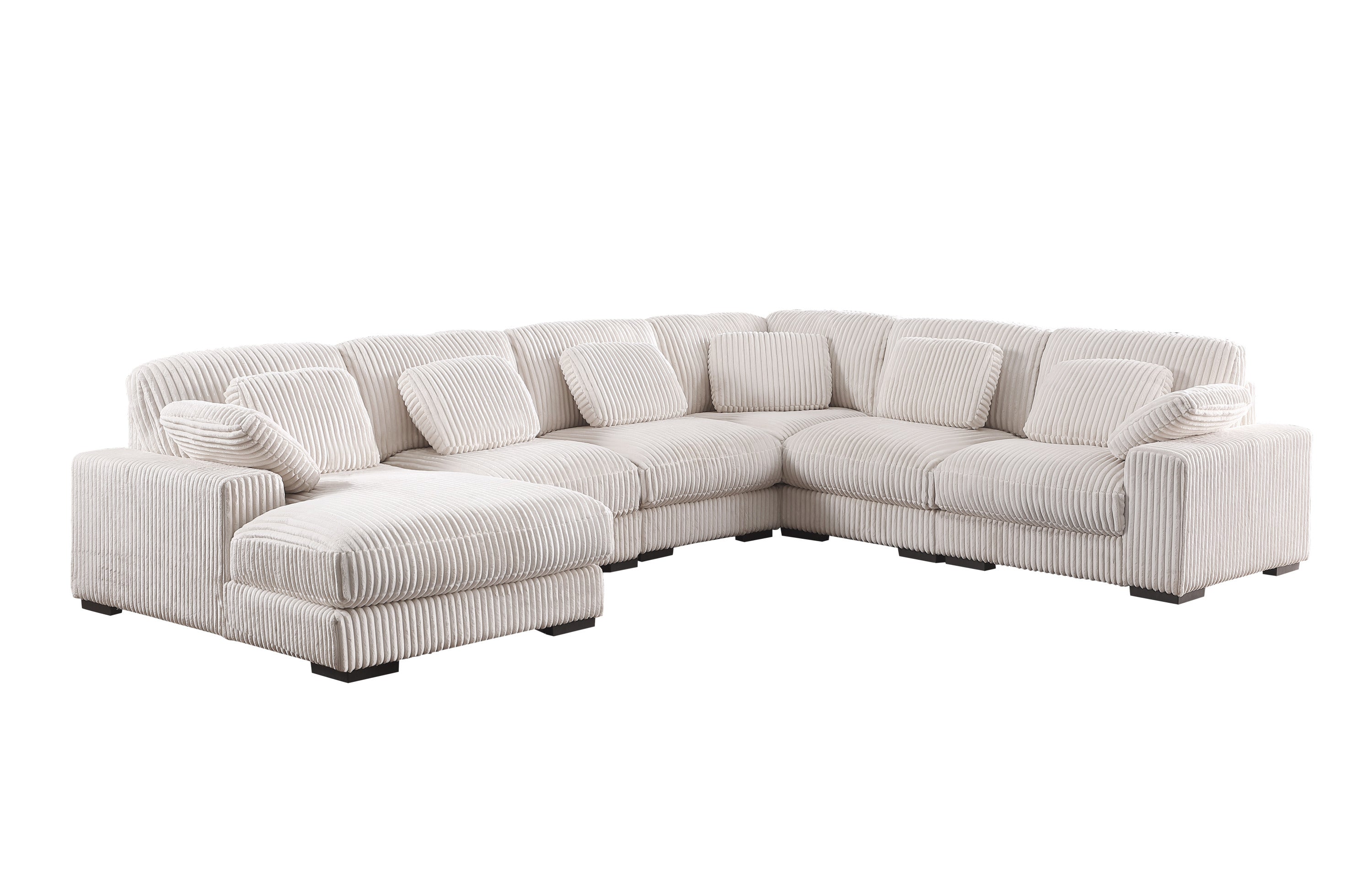 Angled view of Beige Corduroy Corner Sofa - Modular Left Chaise with six seats and multiple cushions for enhanced comfort.
