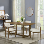 Walnut Oak Dining Set with beige Sherpa chairs in a modern dining room, featuring a sleek sled base and cozy seating for four.