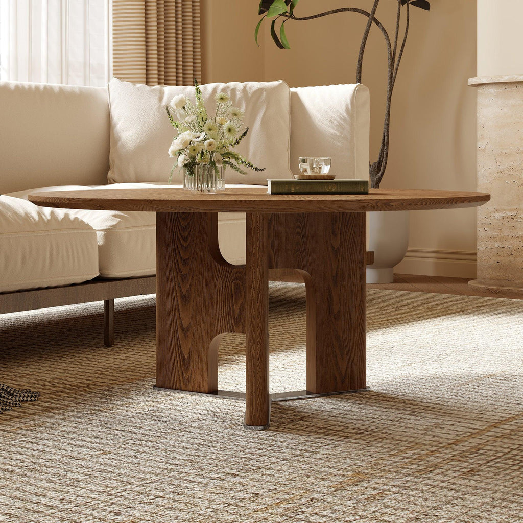 Round Rustic Ash Wood Coffee Table for Small Living Rooms.