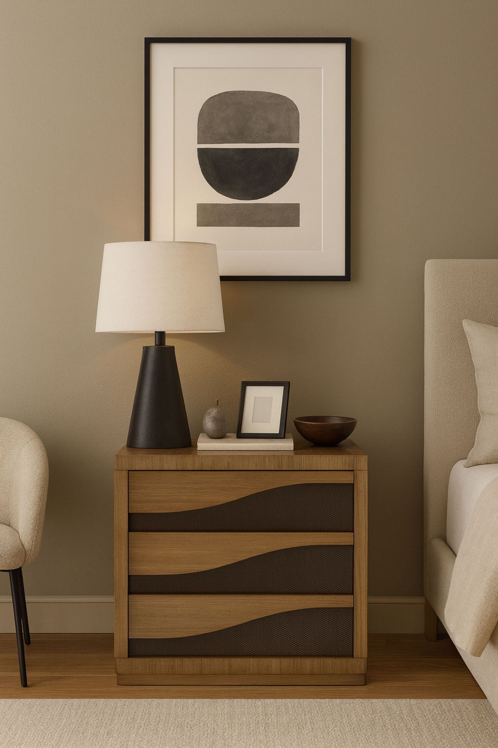 Eucalyptus Bachelors Chest styled in a modern bedroom with lamp and decor, highlighting its solid wood build and elegant drawer design.