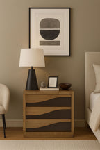 Eucalyptus Bachelors Chest styled in a modern bedroom with lamp and decor, highlighting its solid wood build and elegant drawer design.