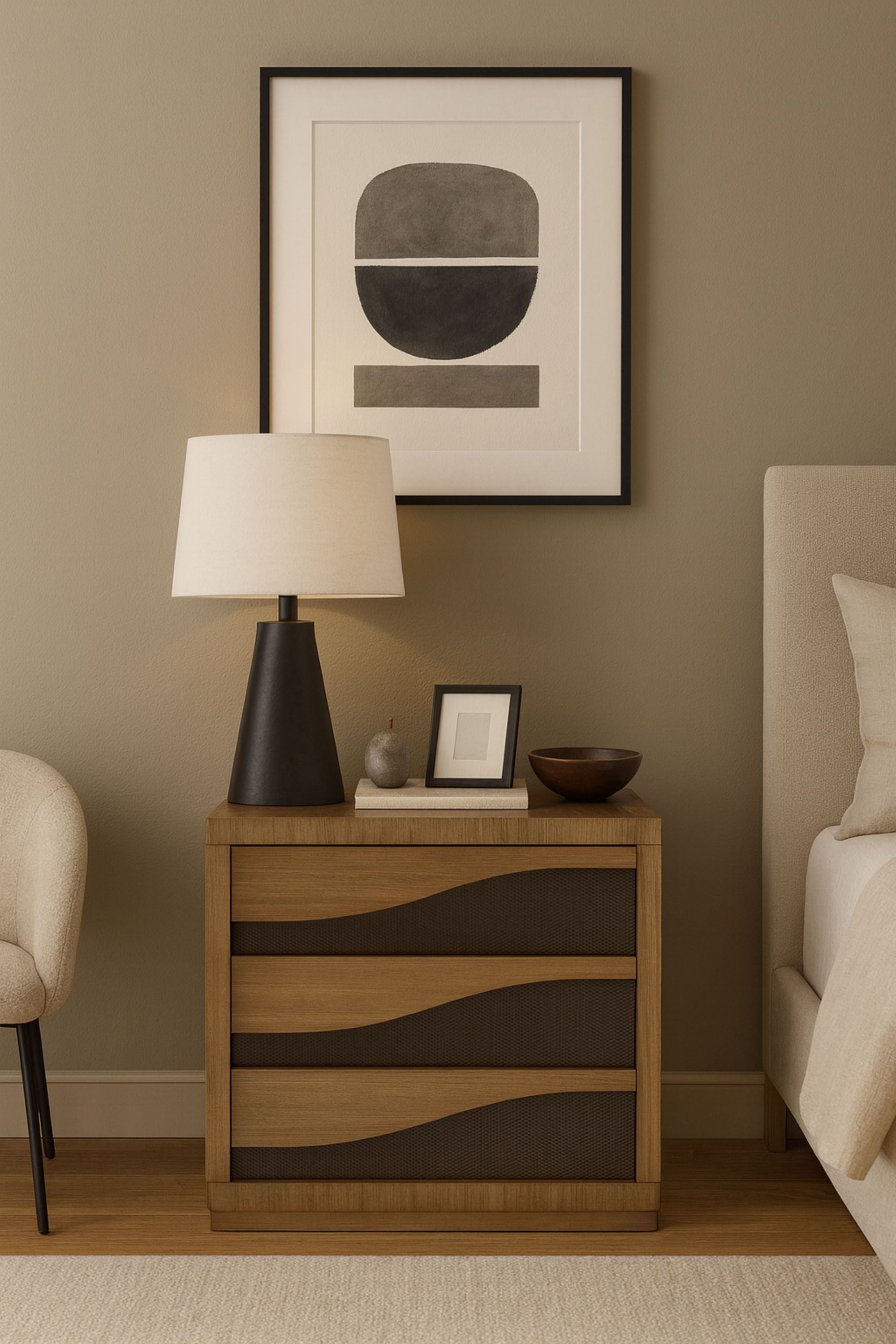 Eucalyptus Bachelors Chest styled in a modern bedroom with lamp and decor, highlighting its solid wood build and elegant drawer design.