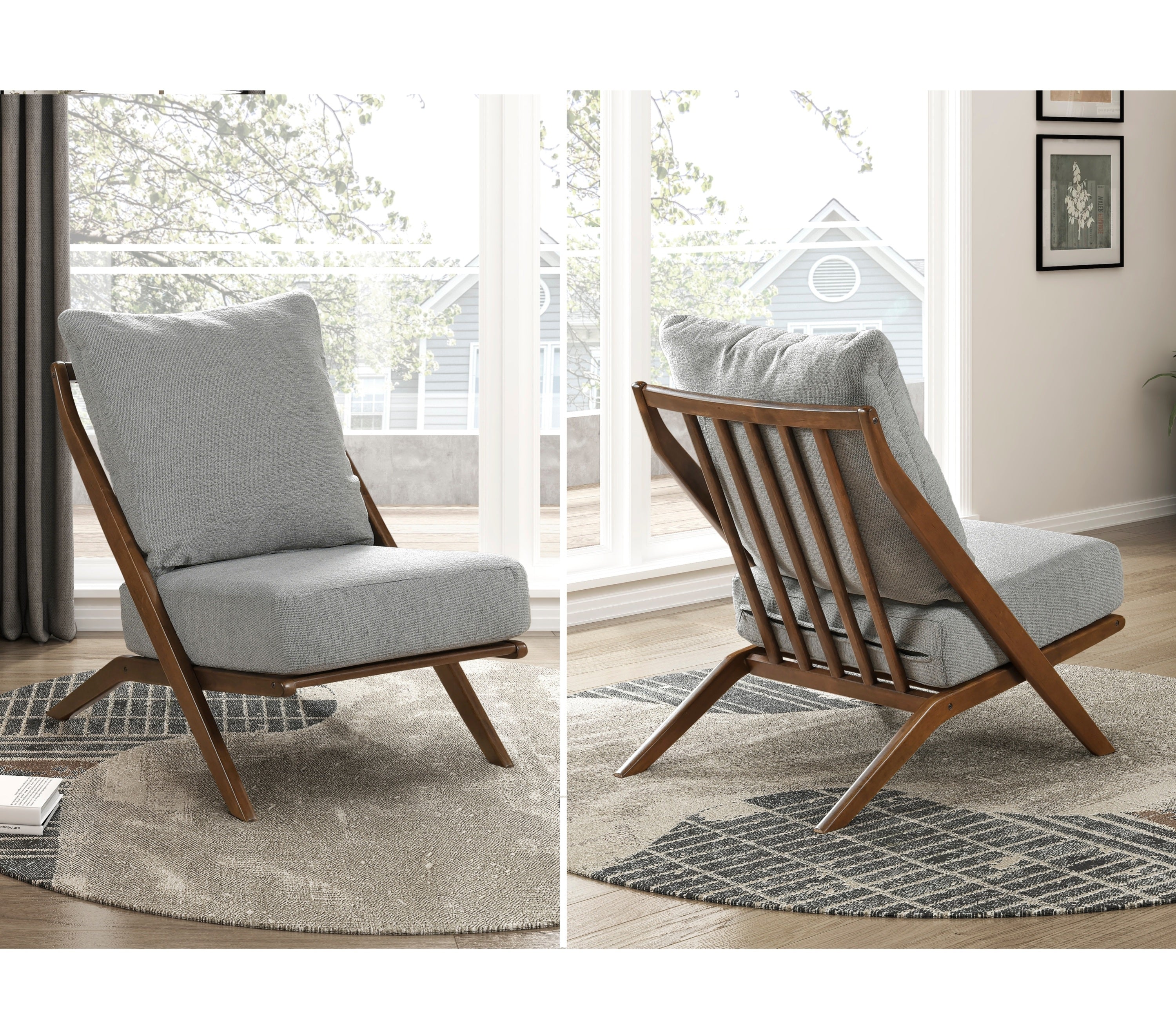 Modern Gray Chenille Accent Chair with Solid Rubberwood Frame