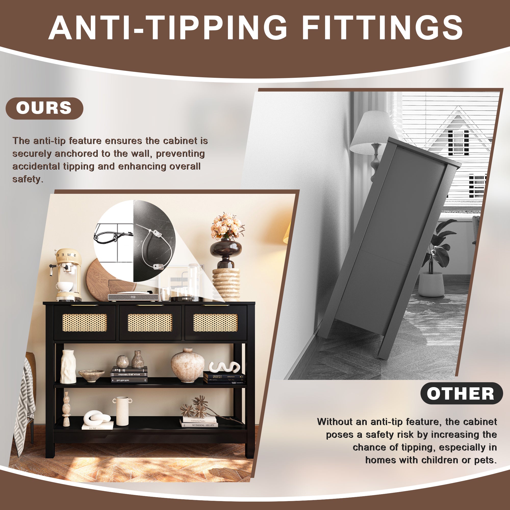 Anti-tipping feature of 43.3' farmhouse console table ensures safety by securing the unit to the wall, ideal for homes with kids or pets.