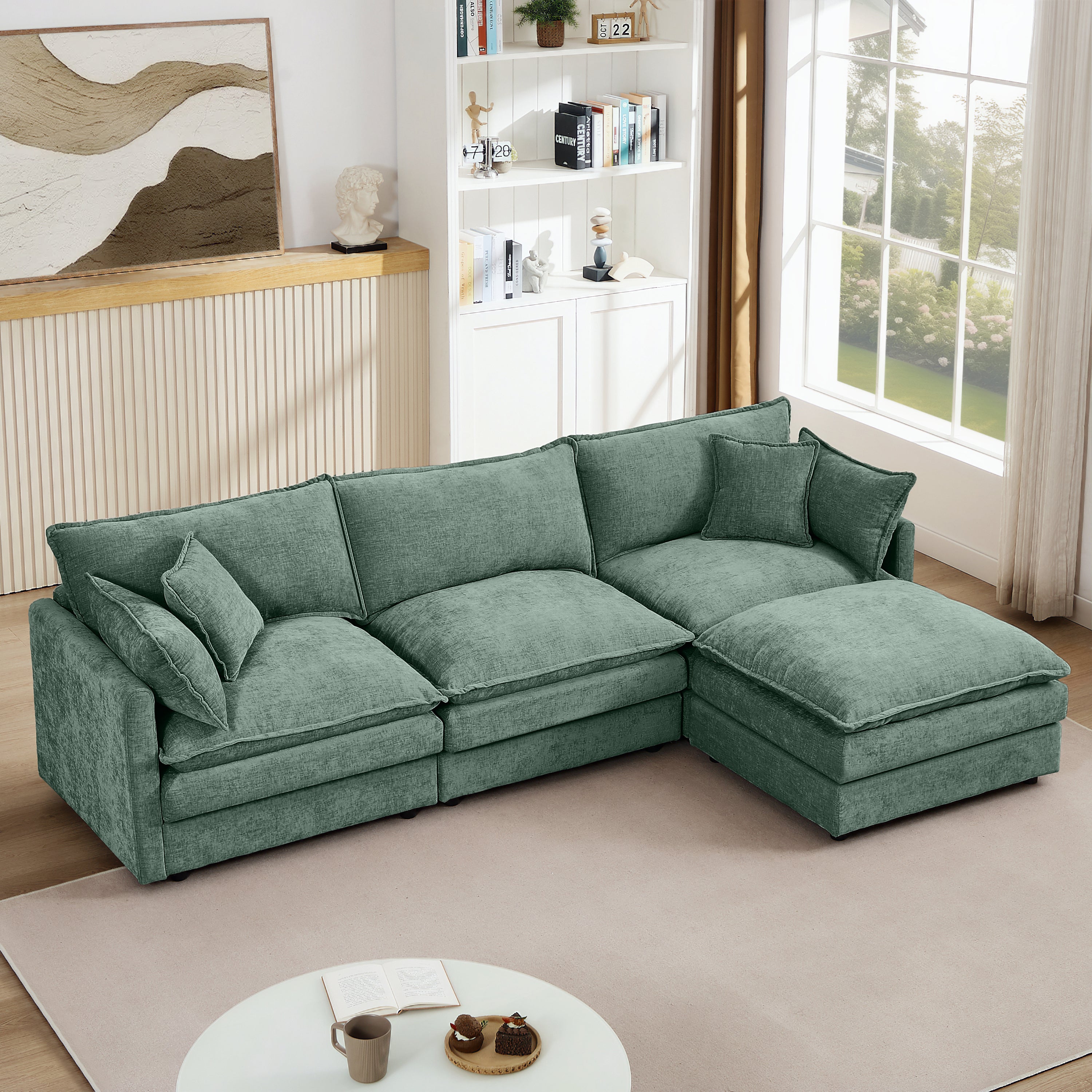 Mint Green Chenille Modular L-Shaped Sofa with Movable Ottoman