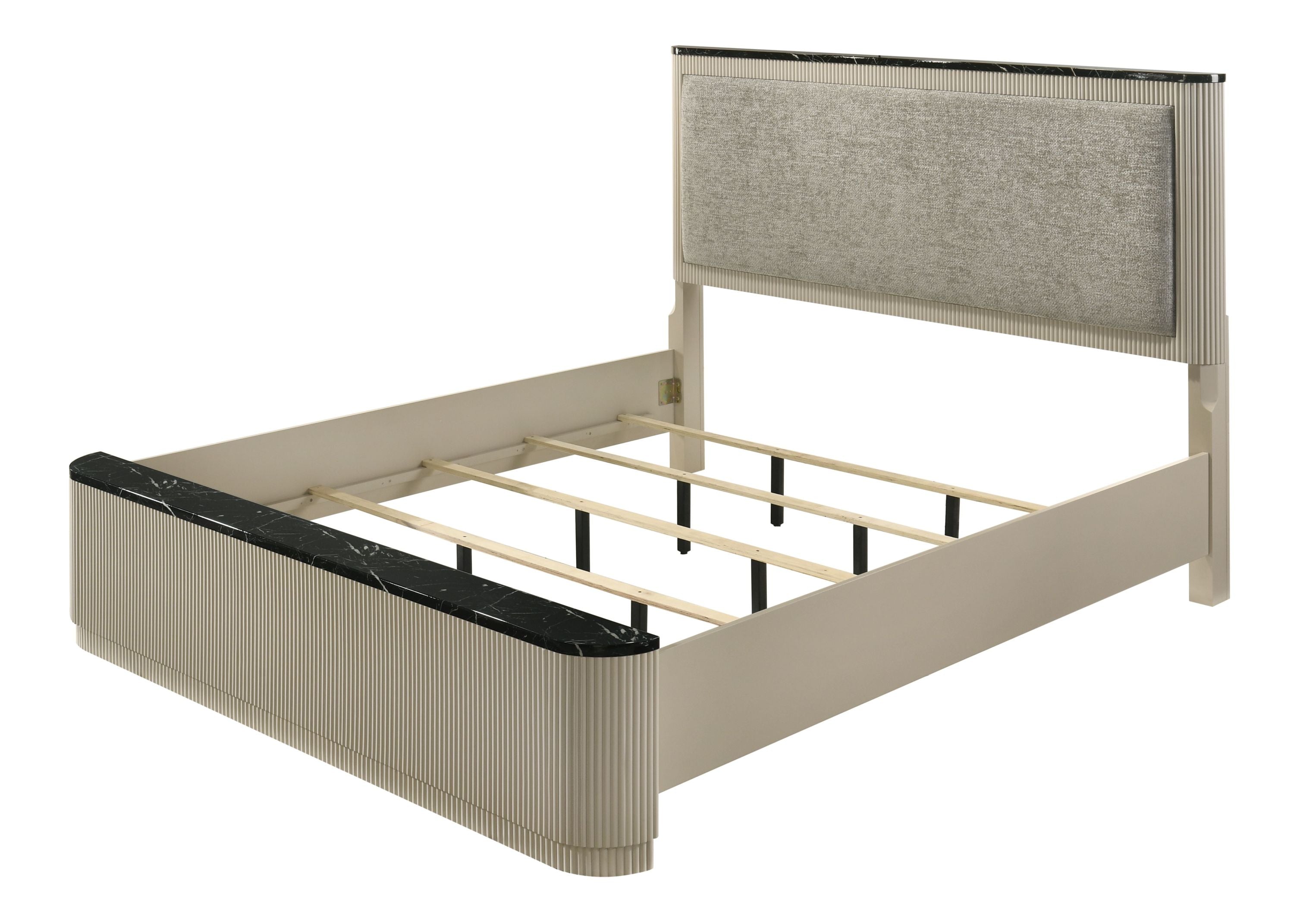 Gray Linen Beige Queen Bed frame with marble print trim and slatted base, showcasing modern design and durable rubber wood construction.