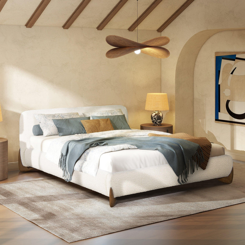 Alpine Platform Bed Queen in Ivory White Boucle.