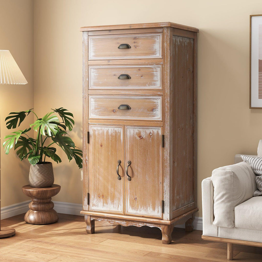 Rustic Wooden Storage Cabinet - Narrow Organizer with Drawers.