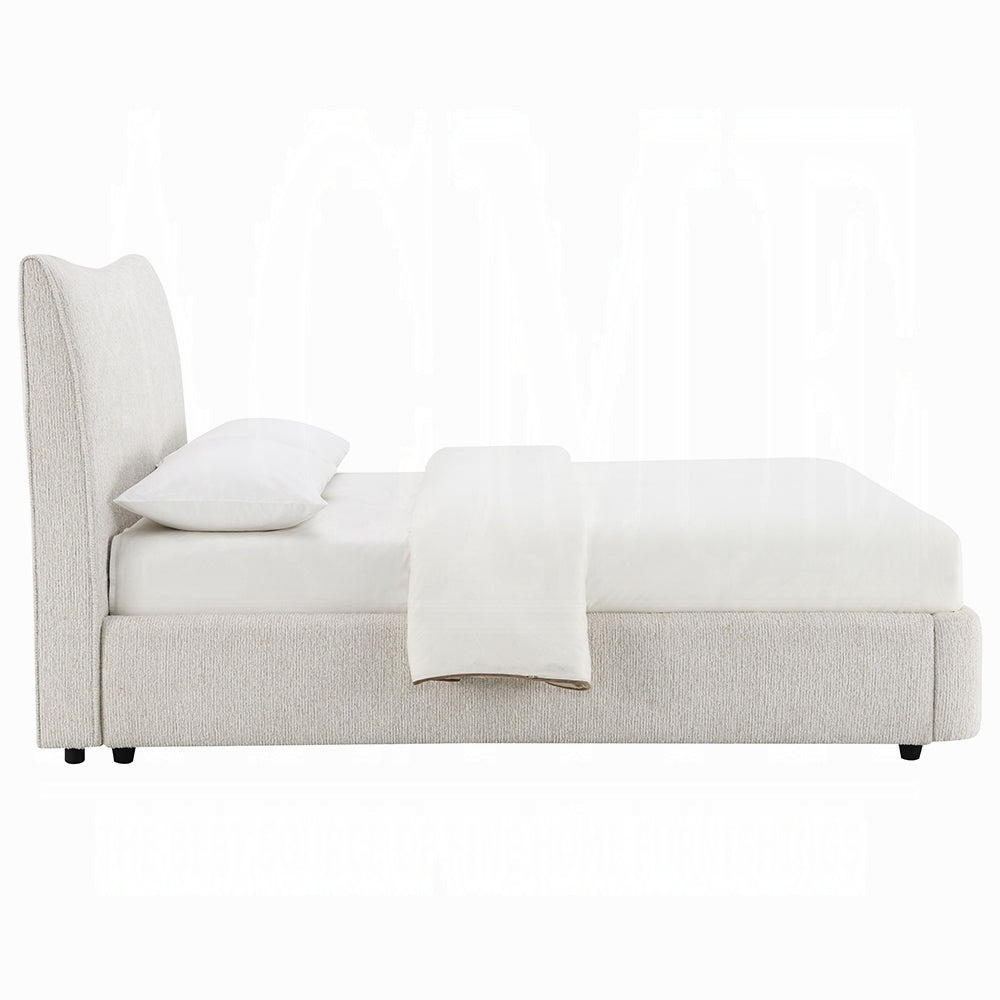 Side profile of beige chenille upholstered queen platform bed with low-profile frame and no box spring required.