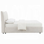 Side profile of beige chenille upholstered queen platform bed with low-profile frame and no box spring required.