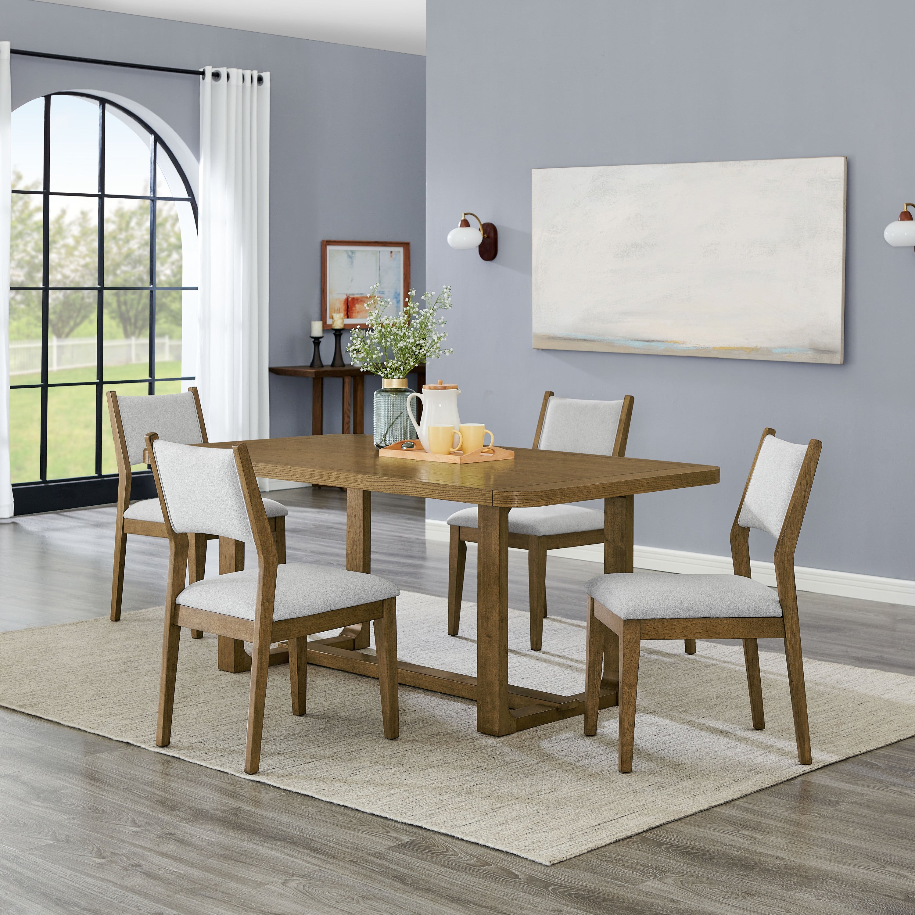 Darla Dining Set - 72-inch Walnut Oak with sled base shown in modern dining room. Includes 4 padded chairs and rectangular table.