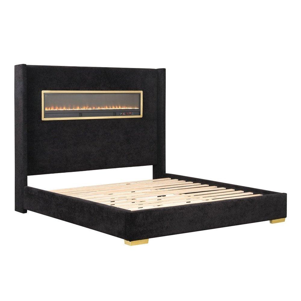 Contemporary Style Black Color 1pc Queen Size Bed Upholstered Fabric Bedframe Bedroom Furniture 3D Fireplace HB.