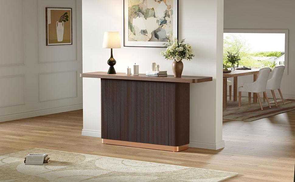 Modern Console Table with Ash Veneer Top and Metal Accent.