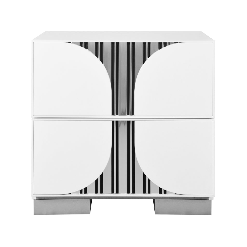 Sasha White Nightstand with chrome accents and curved drawer fronts, featuring solid wood and MDF construction with block feet.