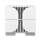 Sasha White Nightstand with chrome accents and curved drawer fronts, featuring solid wood and MDF construction with block feet.
