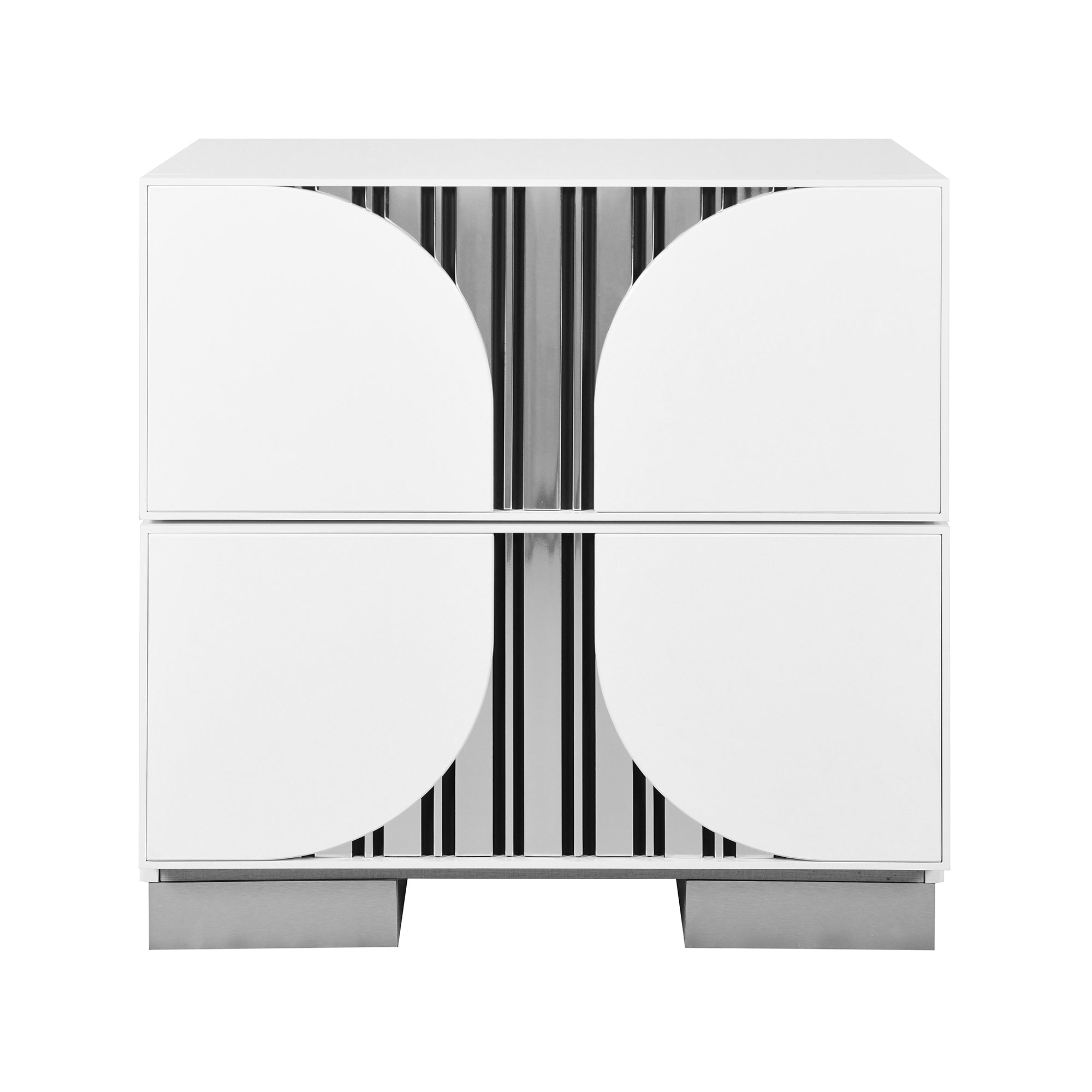 Sasha White Nightstand with chrome accents and curved drawer fronts, featuring solid wood and MDF construction with block feet.