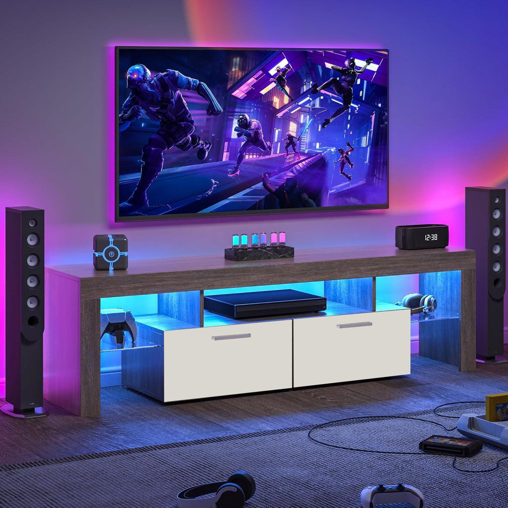 LED TV Stand with Storage for 75 Inch TVs - Brown and White.