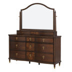 Transitional Dresser with Gold Capped Legs in Dark Cherry.