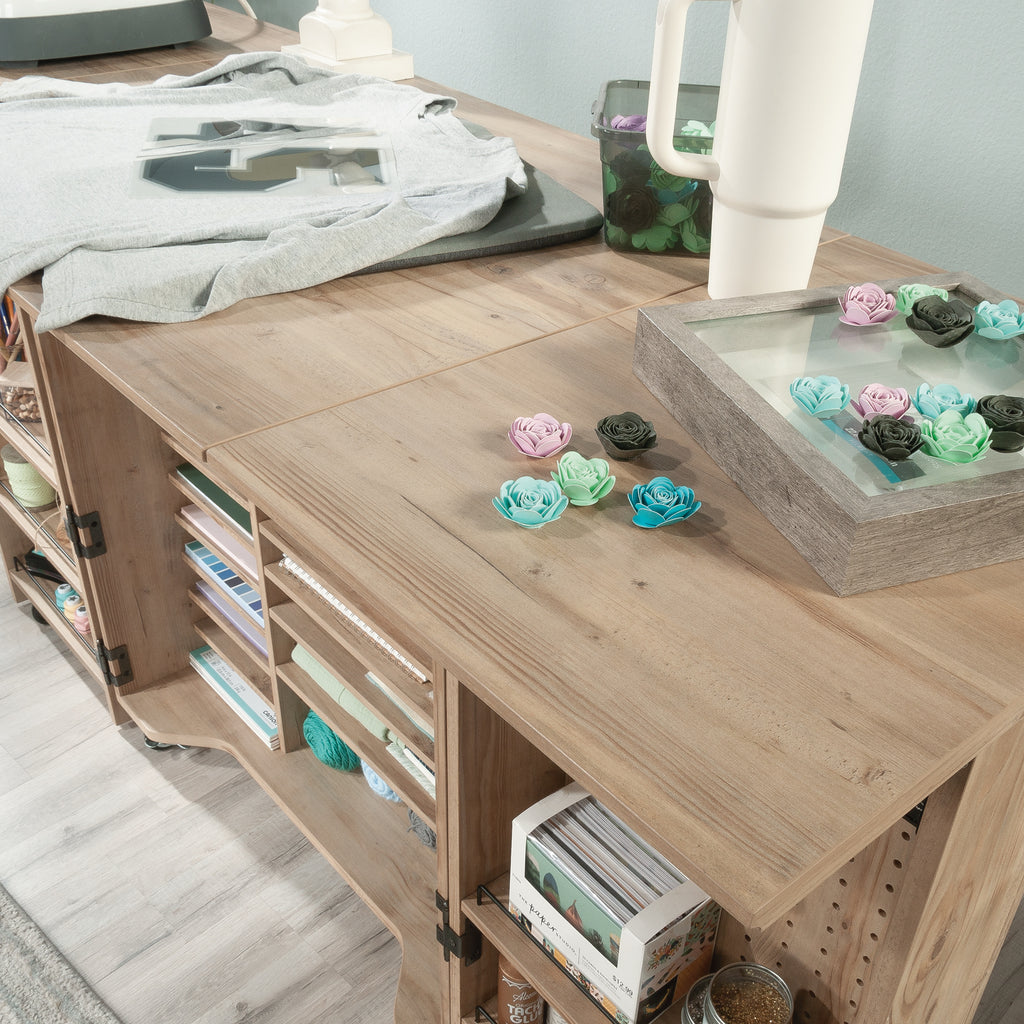 Craft Cart with Storage for Home expanded work surface displaying crafting supplies and organized storage compartments.