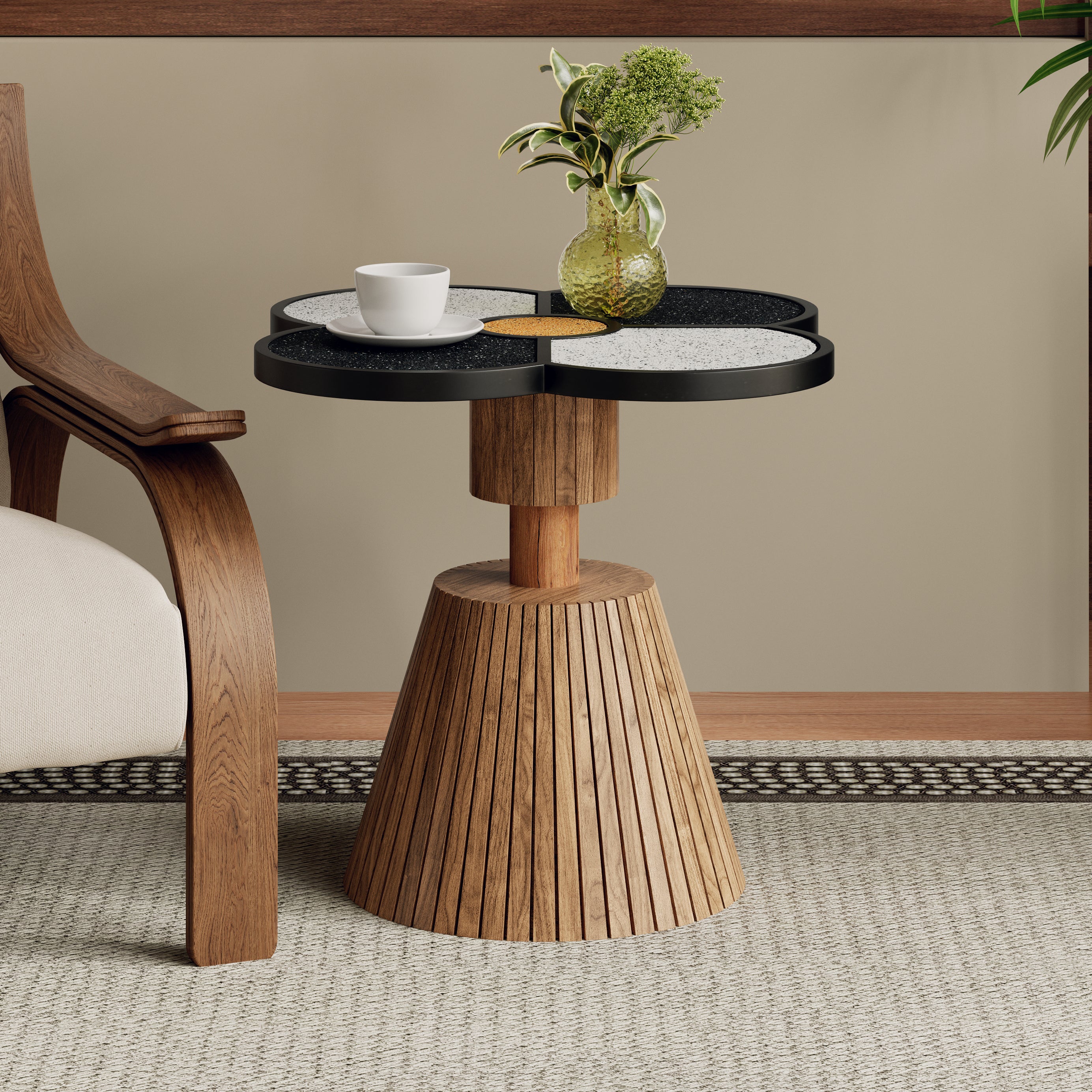 Stylish Four-Leaf Clover Accent Table placed next to a wooden armchair, ideal for small living spaces or bedrooms.