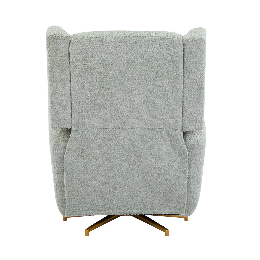 Back view of boucle upholstered 360 swivel recliner chair with gold base, showcasing smooth fabric and modern silhouette.