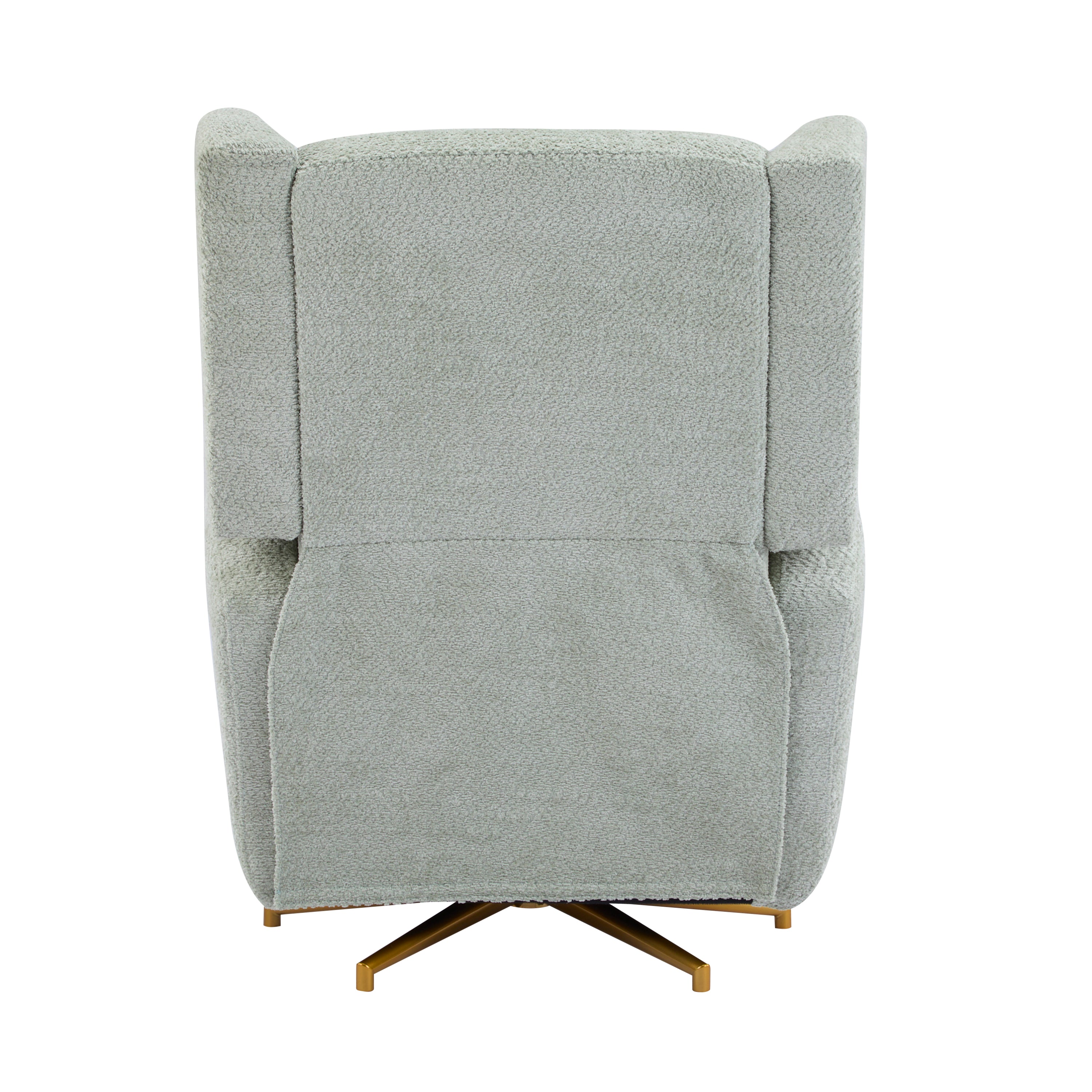 Back view of boucle upholstered 360 swivel recliner chair with gold base, showcasing smooth fabric and modern silhouette.