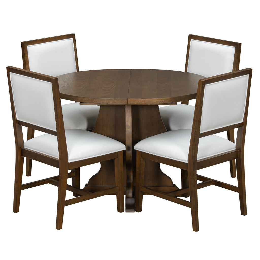 Compact round version of Farmhouse Dining Table Set with four upholstered chairs, ideal for intimate dining settings.