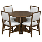 Compact round version of Farmhouse Dining Table Set with four upholstered chairs, ideal for intimate dining settings.