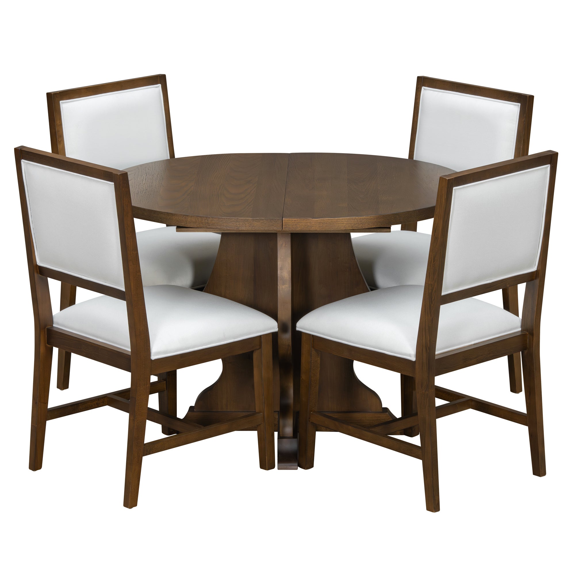 Compact round version of Farmhouse Dining Table Set with four upholstered chairs, ideal for intimate dining settings.