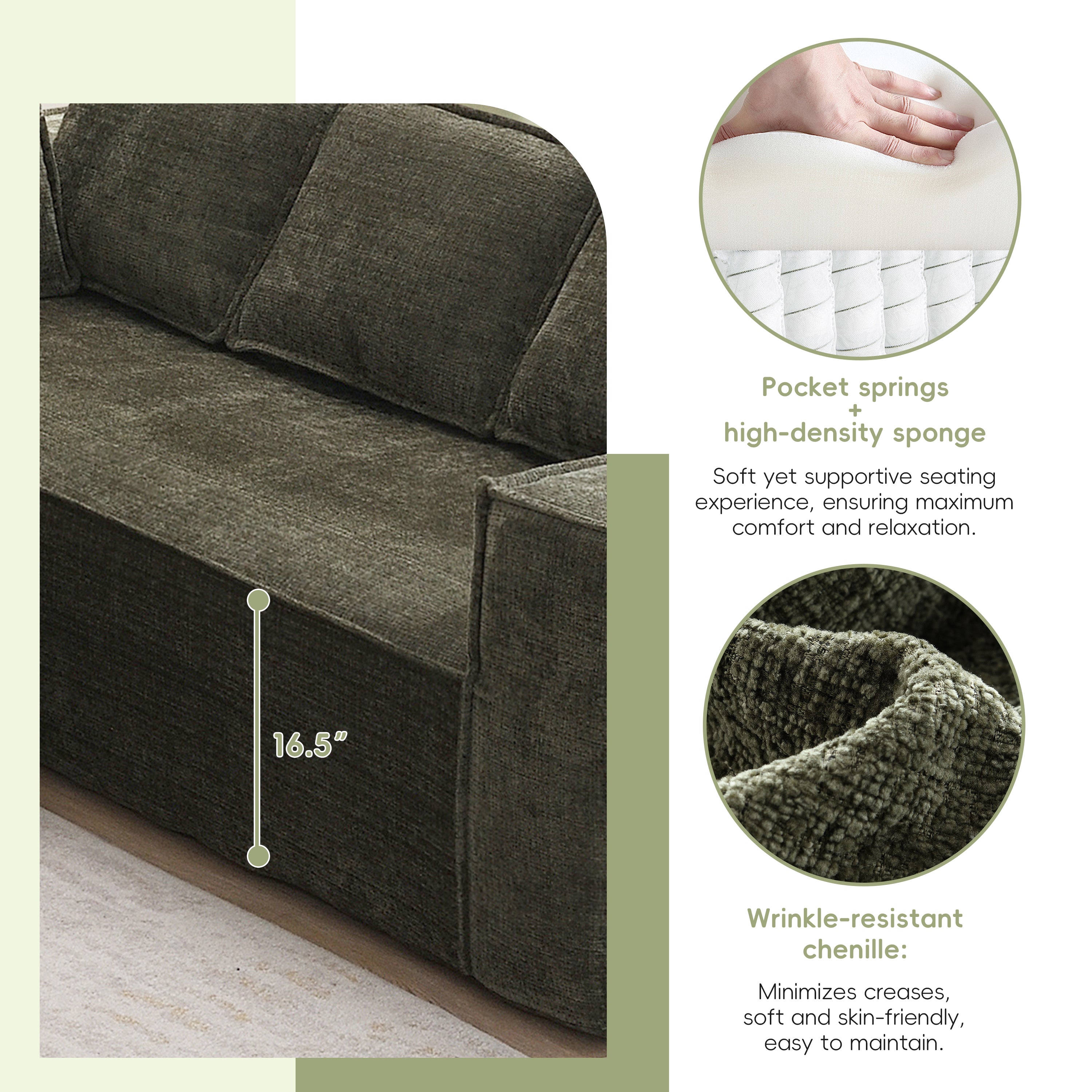 Chenille sectional sofa featuring pocket springs, high-density sponge, and wrinkle-resistant fabric for long-lasting comfort.
