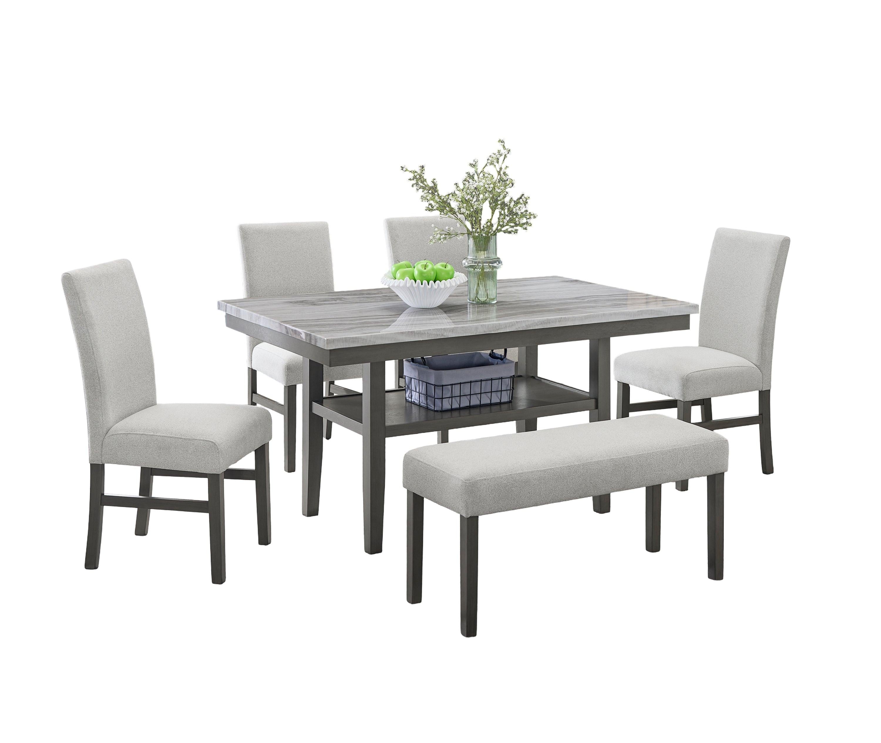Luna 6-Piece Gray Faux Marble Dining Set with Chairs & Bench.