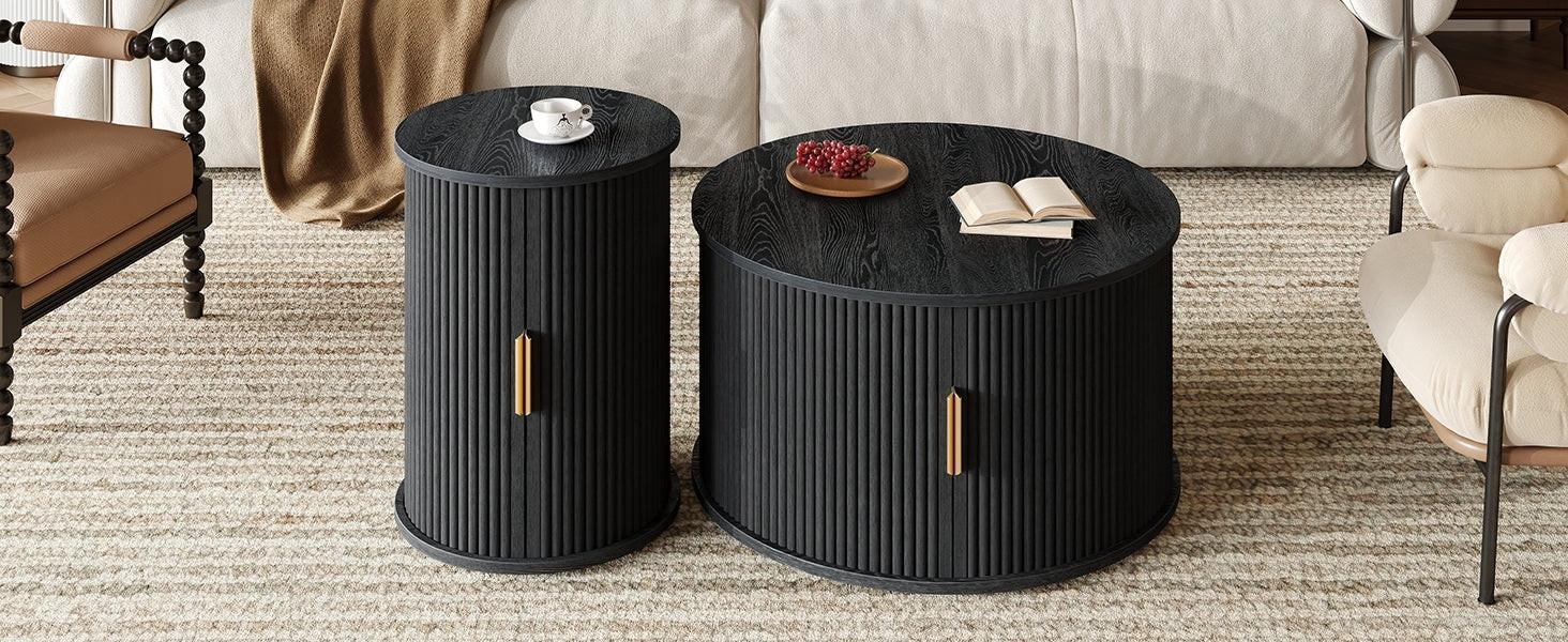 [Assembly Video] Mid-Century Coffee Table Set with Sliding Tambour Door, Round Fluted End Table With Storage, Golden Handle Tall & Low Side Table with Wooden Finish for Living Room, Set of Two, Black