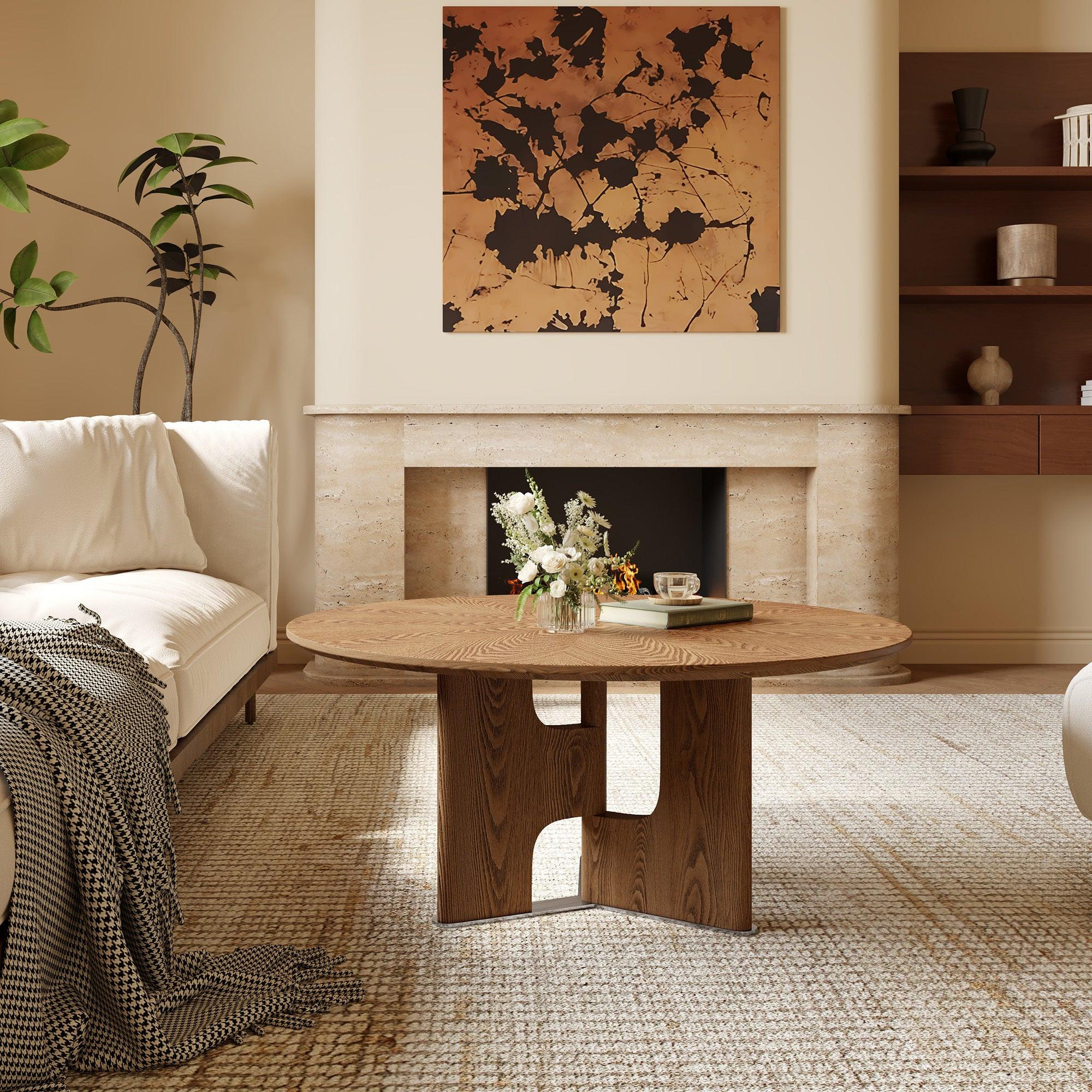 Round Rustic Ash Wood Coffee Table for Small Living Rooms.
