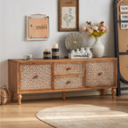 Rattan TV Stand Mid Century with Storage features boho woven doors and drawers, ideal for 60-inch TVs in cozy living rooms.