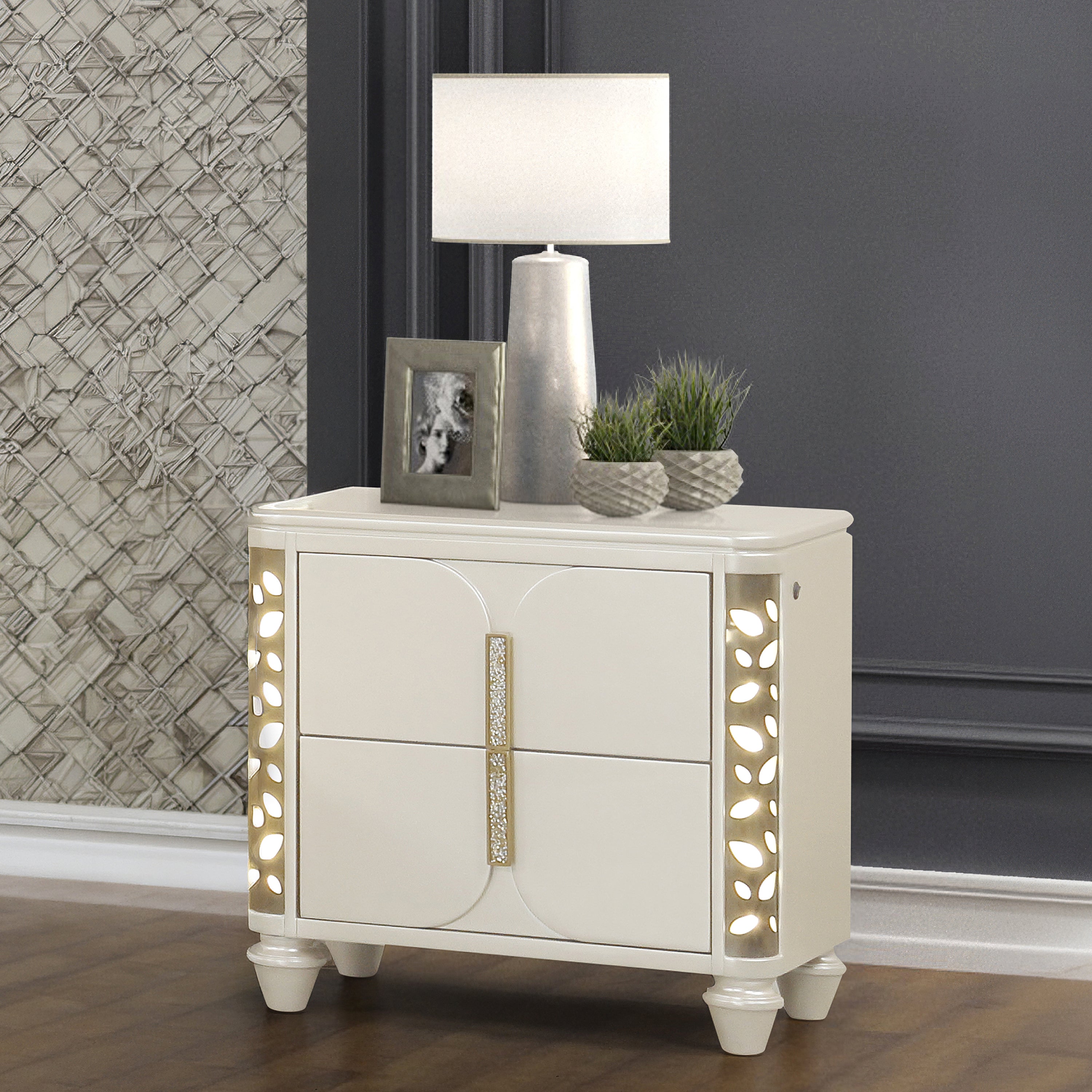 Cinderella Traditional Beige Wood Nightstand with LED Gold Accents