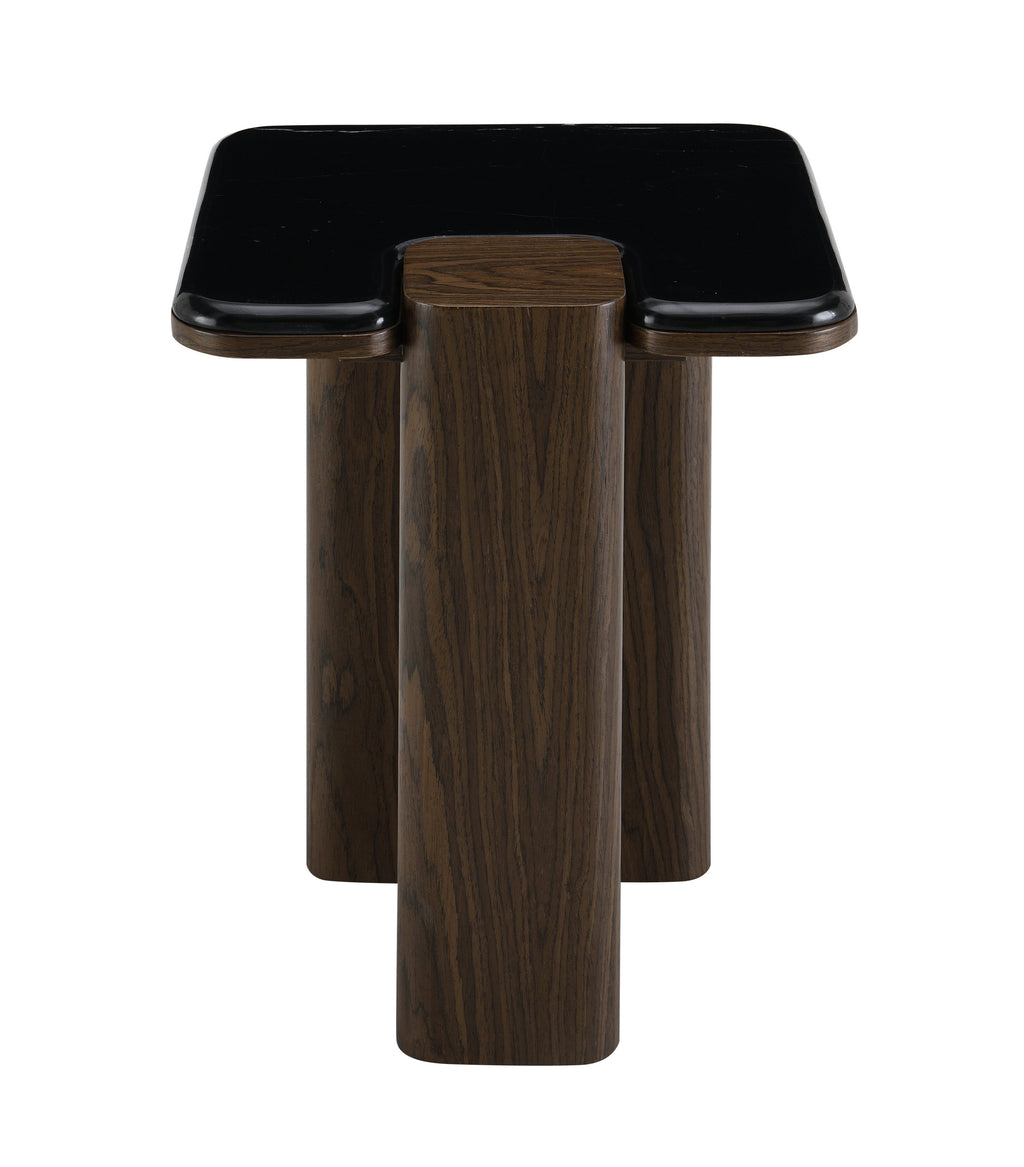 Front view of Dana Marble Top End Table highlighting the dark walnut legs and sleek black marble top with a cut-out corner detail.