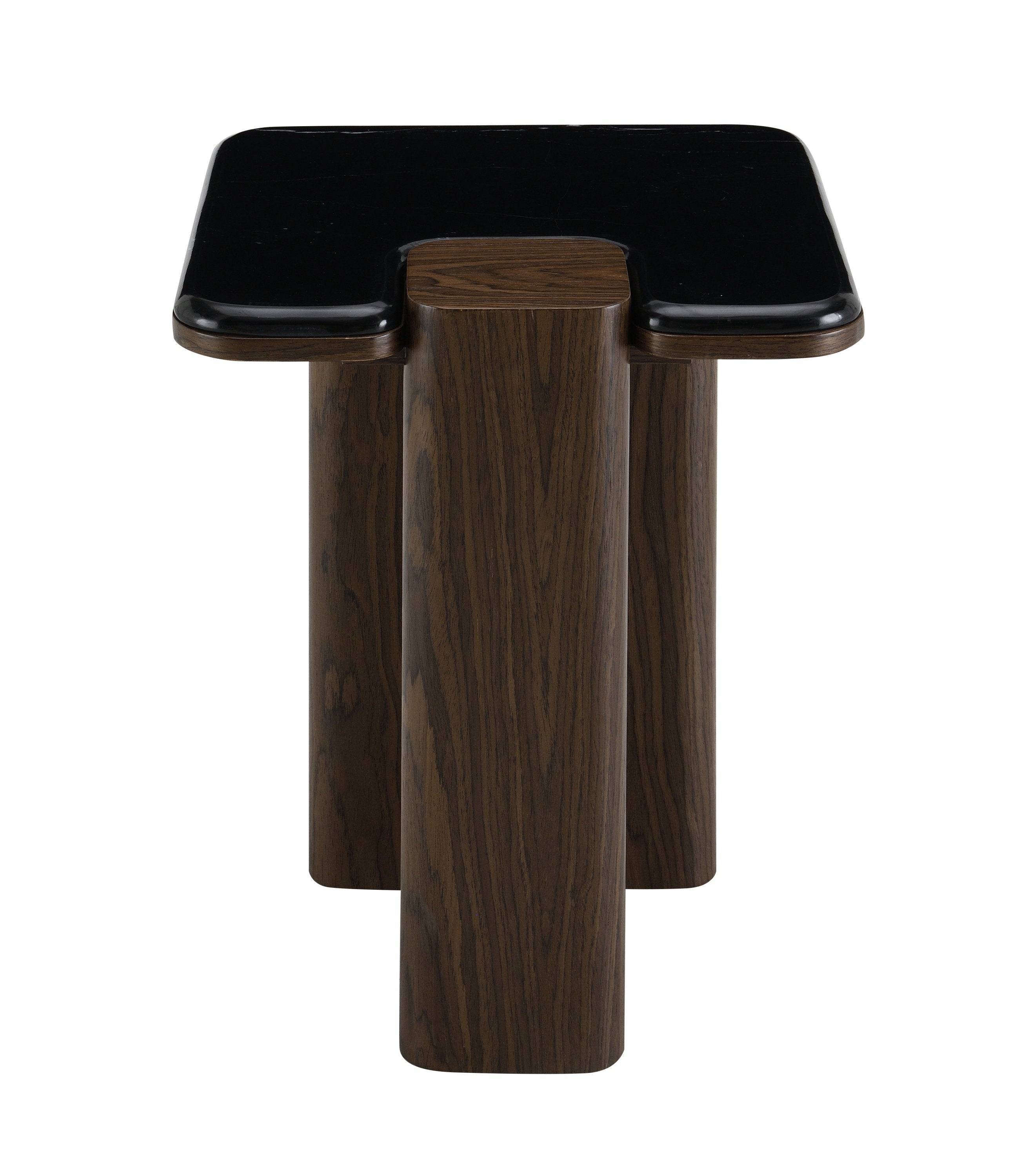 Front view of Dana Marble Top End Table highlighting the dark walnut legs and sleek black marble top with a cut-out corner detail.