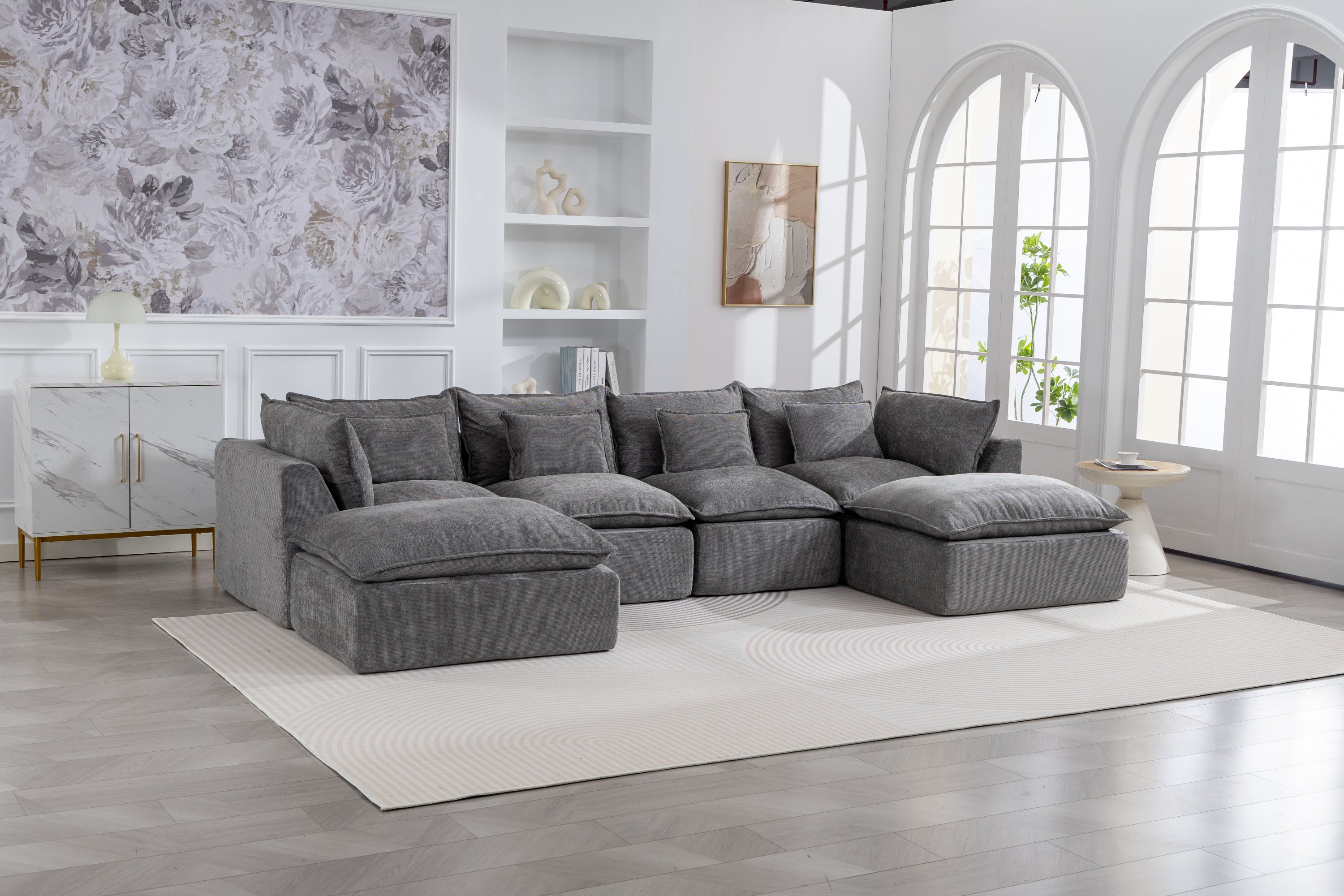 130-Inch Antique Grey Velvet Oversized 4-Seater Sectional with Ottomans
