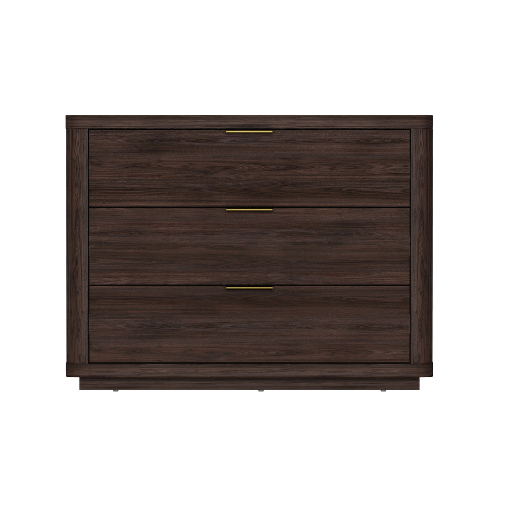 Modern dark brown wood nightstand with rounded edges, three spacious drawers, and minimalist gold bar handles.